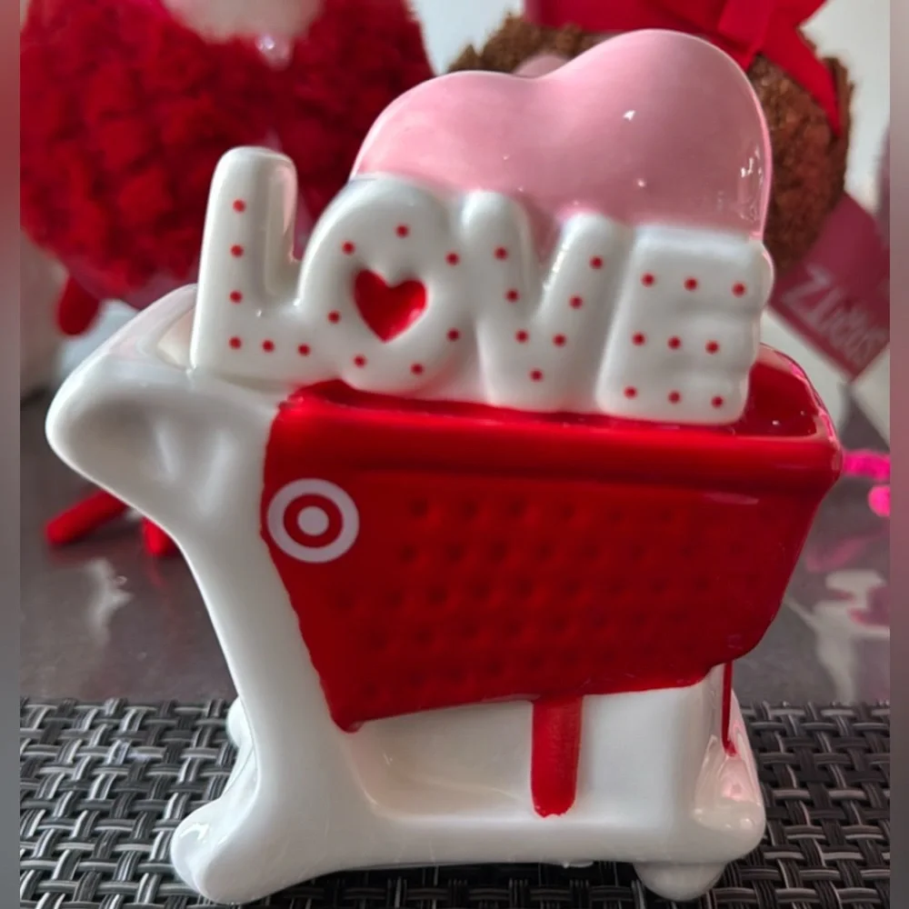 Valentine's Day Target Bullseye Dog Figurine Ceramic Figurine and Target Cart.